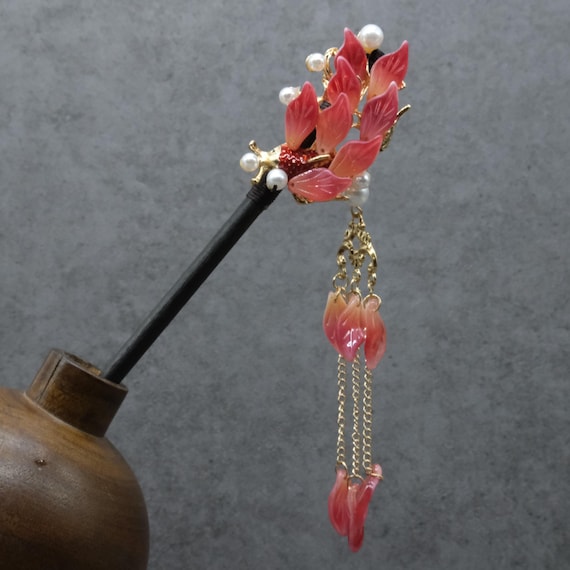 Red Flower Natural Wooden One Prong Hair Forks, Floral Hair  display picture 3