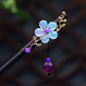 Vintage Blue and Purple Flower Hairpin, Cherry Blossom Floral Glazed Wood Hairpin, Retro Elegant Hair Accessories, Hanfu Tassel Hair Forks
