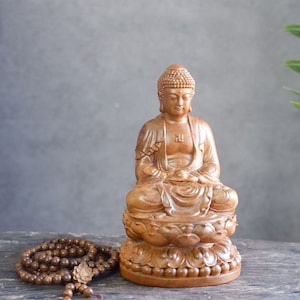 Wooden Sitting Amitabha Buddha Statue Home, Buddha Statue Small, Wooden Buddhist Art Feng Shui, Meditation Decor for Home - ST009