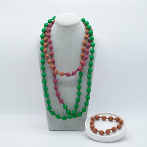 Brown x Green x Deep Red Elegant Long Silk Necklace for Women, Unique Style Silk Bead Statement Piece, Elegant, Mulberry Wood-wrapped Silk