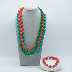 Blue x Green x Orange Elegant Long Silk Necklace for Women, Unique Style Silk Bead Statement Piece, Graceful, Mulberry Wood-wrapped Silk