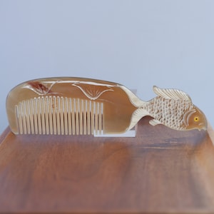 Personalized Genuine Fish Enggrave  Buffalo Horn Comb, Anti Static and Massage Comb for Hair, Premium Luxury Comb, Horn Comb