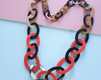 Long and Large Chunky Rough Link Chain Buffalo Horn Necklace, Natural Color Buffalo Horn Necklace, Geometric Necklace, Boho Jewelry - NE145
