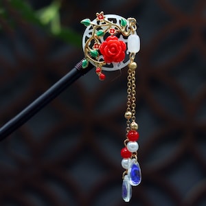 Vintage Red Rose Flower Hairpin, Handmade Floral Glazed Wood Hairpin, Retro Elegant Hair Accessories, Hanfu Tassel Hair Forks for Her