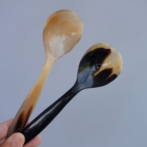 May include: Two spoons with elongated bowls and slender handles. One spoon is a light tan color, and the other is black with brown marbling. The spoons have a smooth, polished finish and appear to be made of a natural material.