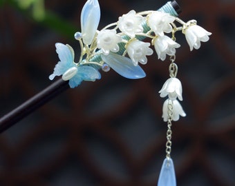 Vintage Lily of the Valley Hairpin, Retro Floral Elegant Wood Hair Forks, One Prong Hanfu Tassel Hair Forks, Hair Accessories for Women, Mom