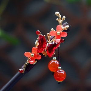 Vintage Red Flower and Butterfly Hairpin, Retro Hanfu Tassel Hair Forks, Floral Elegant Hair Forks, Hair Accessories, Gift for Women, Mom