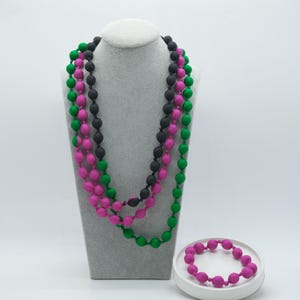 Pink x Green x Black Elegant Long Silk Necklace for Women, Unique Style Silk Bead Statement Piece, Graceful, Mulberry Wood-wrapped Silk
