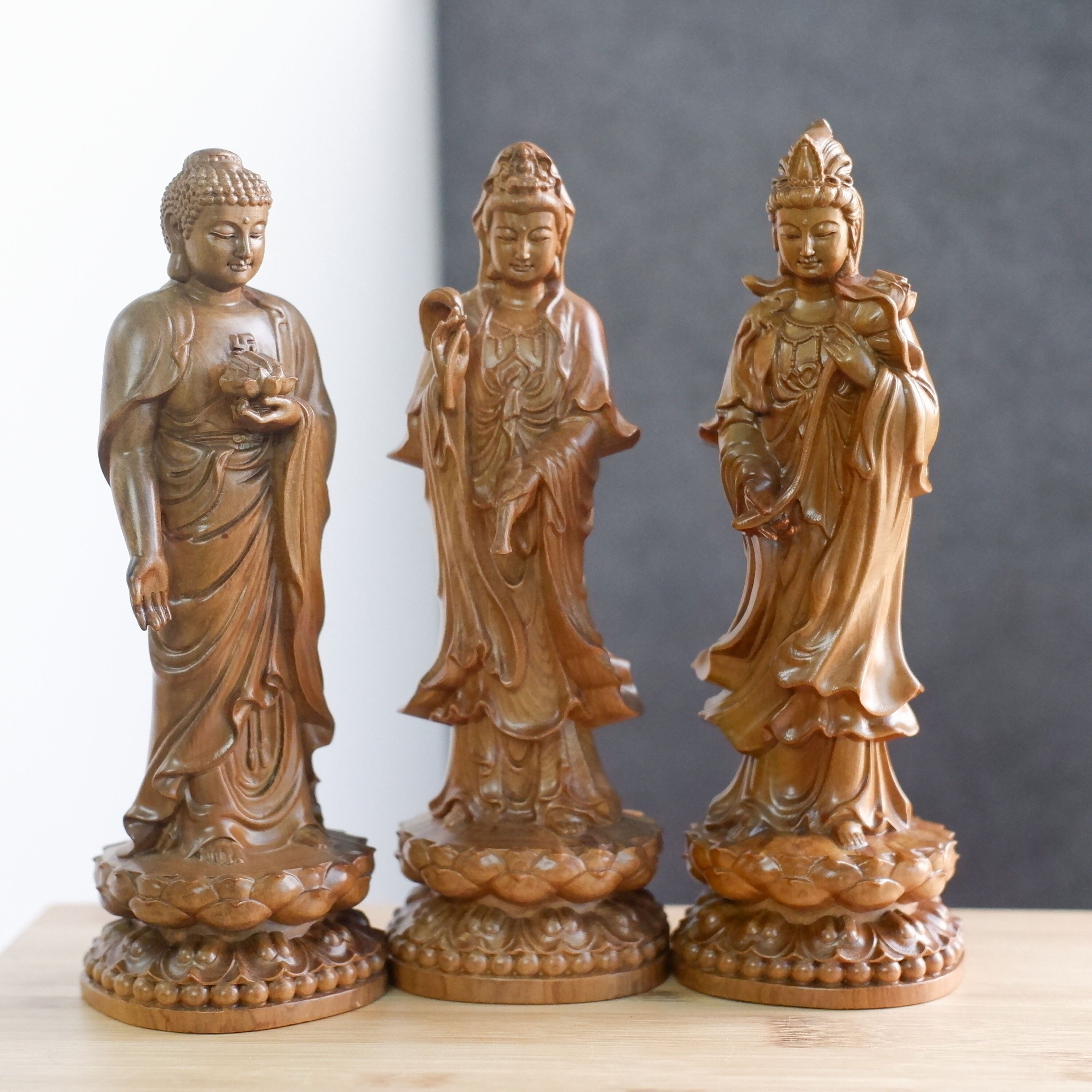 Three Saints of the Western Pure Land, Real Wooden Buddha Statue