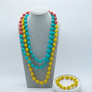 Yellow x Blue x Red Elegant Long Silk Necklace for Women, Mulberry Wood-wrapped Silk, Elegant Style, Unique Style Silk Bead Statement Piece