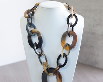 Long and Large Chunky Rough Link Chain Buffalo Horn Necklace, Buffalo Horn Necklace, Geometric Necklace, Boho Jewelry - NE141
