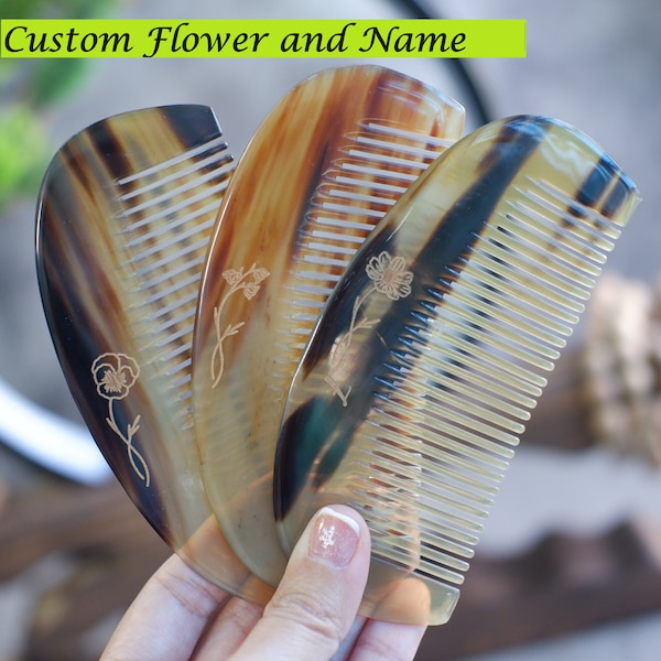 Custom Name Pocket Comb with Birth Flower, Natural Buffalo Horn Comb, Engraved Name Comb for Women, Bridesmaid Christmas Gift