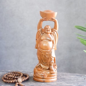 Wooden Maitreya Laughing Buddha Statue for Home Decor, Wood Happy Buddha Statue, Meditation Buddha Decor, Mindful Gift - ST015