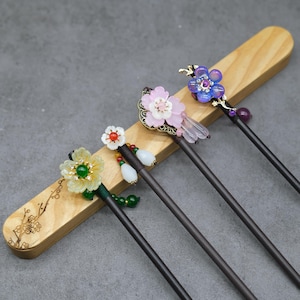 Vintage Flowers With Gem Natural Wooden Prong, Symbol Hair Sticks for Bun, Hair Forks for Women, Spring Hair Forks, Elegant Hair Accessories