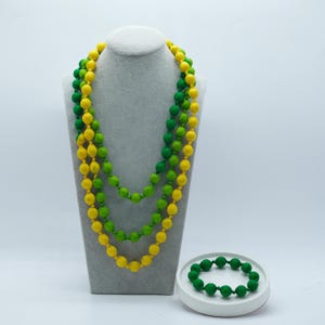 Yellow x Green x Lime Elegant Long Silk Necklace for Women, Unique Style Silk Bead Statement Piece, Graceful, Mulberry Wood-wrapped Silk