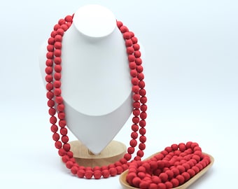 Red Handmade Elegant Long Silk Beaded Necklace for Women, Unique Style Silk Bead Statement Piece, Lightweight And Colorful Fashion Jewelry