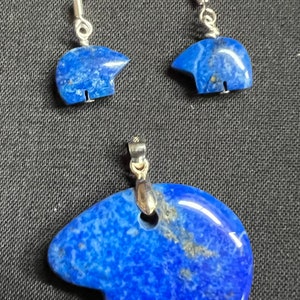 Lapis Lazuli blue Zuni Bear pendant & earrings set in 925 sterling silver with choice length sterling silver snake chain.