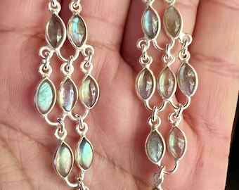 Labradorite chandelier cabochon gemstone earrings set in 925 sterling silver handmade earrings 3” long.