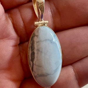 Owyhee Opal blue genuine gemstone pendant set in solid 925 sterling silver 1.85” with choice of length sterling silver snake chain.
