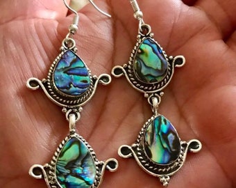 Abalone Paua shell set in Sterling Silver chandelier statement Earrings 2.5"