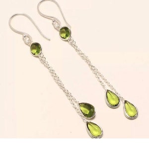 Green Quartz prasiolite Sterling Silver faceted pear shaped handmade dangle gemstone earrings 3&quot;