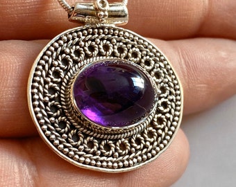 Amethyst Cabochon Pendant, Sterling Silver Snake Chain, Genuine Gemstone