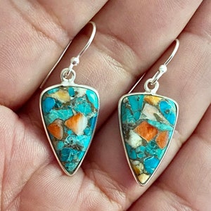 Spiny Oyster and Arizona Turquoise 925 Sterling Silver Handmade earrings.
