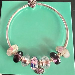 May include: A silver charm bracelet with a heart charm, a clear glass charm with a pink flower, a dark purple glass charm, a clear glass charm with a pink flower, a clear glass charm with a pink flower, a dark purple glass charm, a clear glass charm with a pink flower, and a silver charm with a pink eye.
