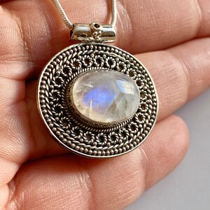 Moonstone cabochon genuine gemstone pendant set in solid 925 sterling silver 1.25” with choice of length sterling snake chain.