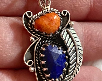 Sponge Coral and Lapis Lazuli Southwestern 925 Sterling Silver handmade Pendant with choice length sterling silver snake chain.
