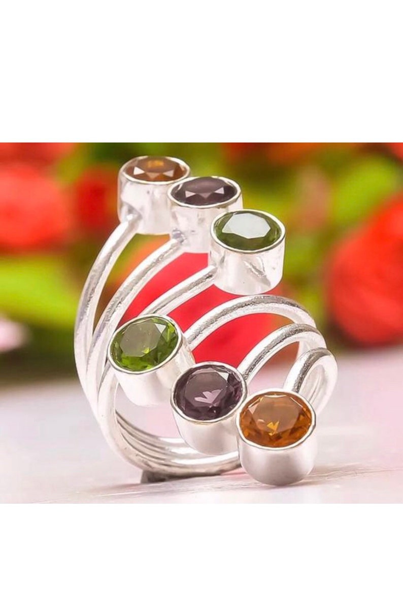 Multi gemstone sizable Sterling silver Amethyst smokey quartz peridot cabochon Amethyst rings 5 styles to choose f