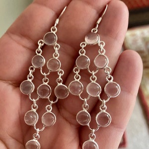 Rose Quartz chandelier cabochon gemstone earrings set in 925 sterling silver handmade earrings 3” long.