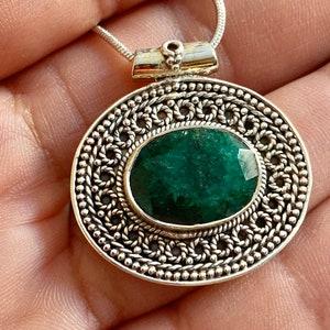 Emerald Genuine gemstone pendant set in 925 sterling silver 1.25” in height with handmade choice of length sterling silver snake chain.