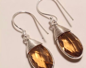 Sterling Silver faceted yellow quartz gemstone pear shape dangle earrings 1.5" length.