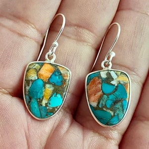 Spiny Oyster and Arizona Turquoise 925 Sterling Silver Handmade earrings.