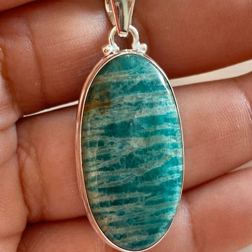 Russian Amazonite gemstone handmade 925 Sterling Silver Pendant 1.75” in height buy with choice of length sterling silver snake chain.