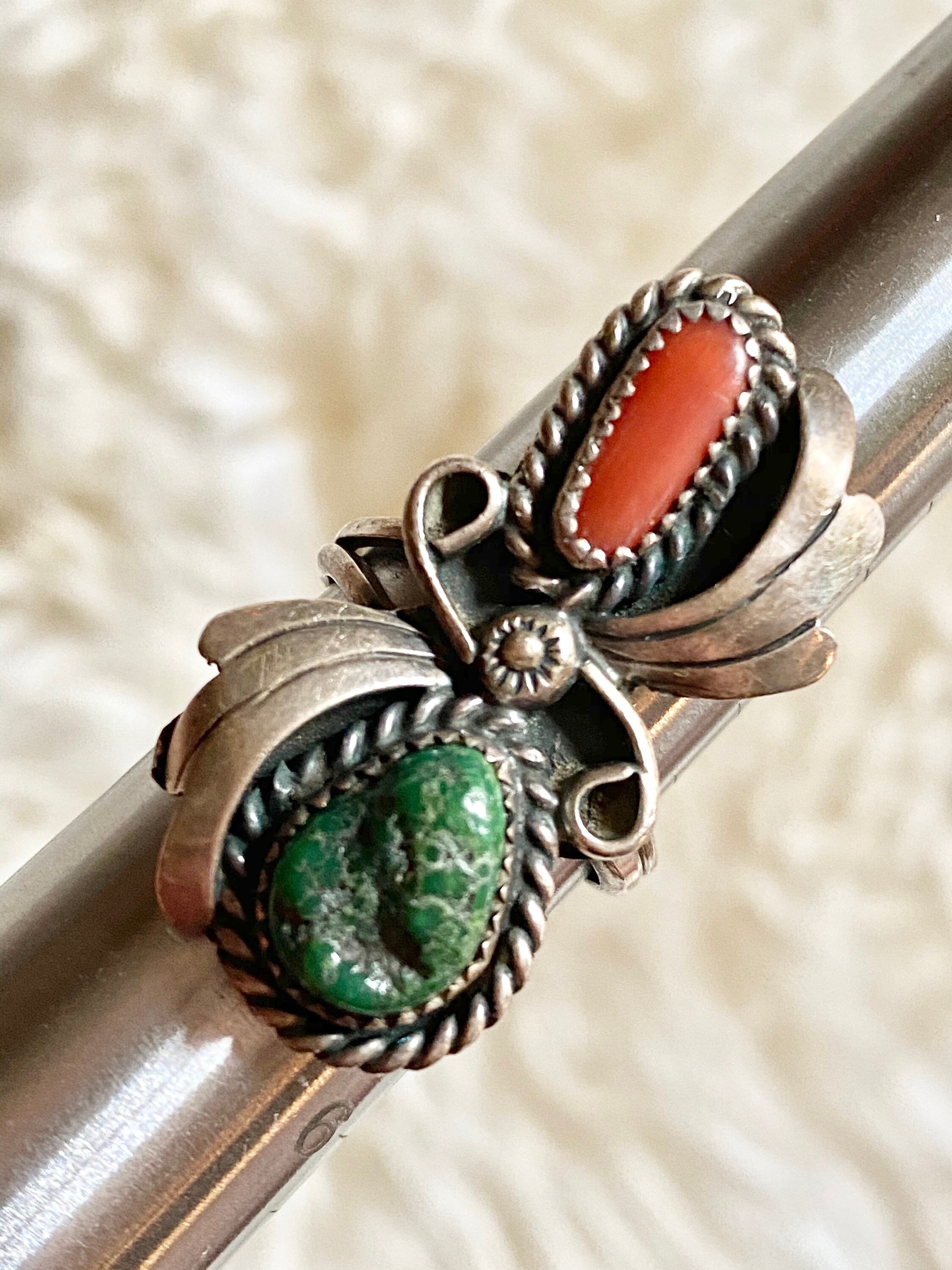 Vintage Navajo Sterling Silver Coral & Turquoise Ring, Size 5 - Etsy