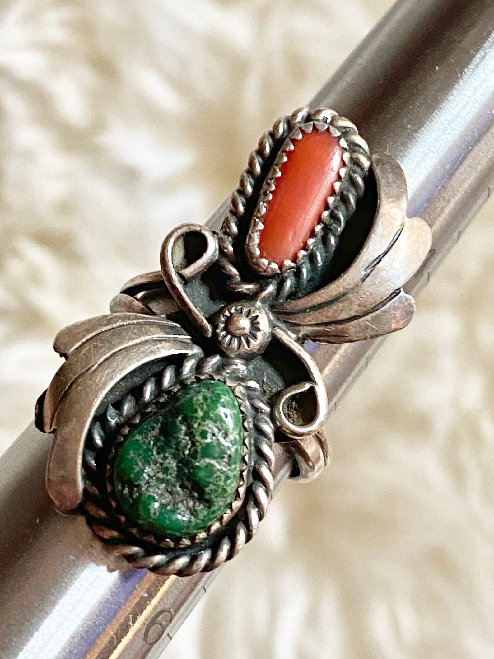 Vintage Navajo Sterling Silver Coral & Turquoise Ring, Size 5 - Etsy