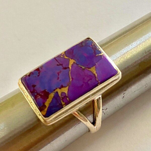 Purple turquoise copper veined gemstone ring set in 925 sterling silver handmade size 9