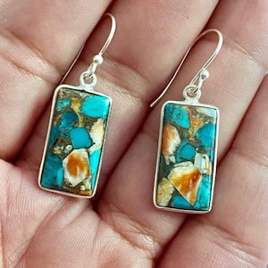 Spiny Oyster and Arizona Turquoise 925 Sterling Silver Handmade earrings.