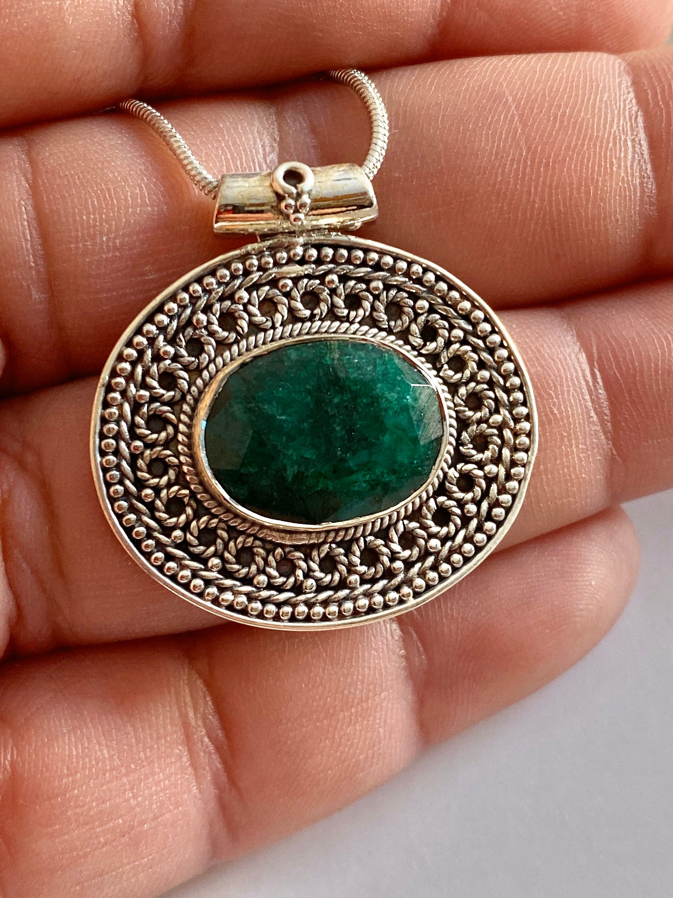 Emerald Genuine gemstone pendant set in 925 sterling silver Etsy
