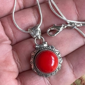 Red coral Cabochon Bali pendant 925 sterling silver and choice length of 925 sterling silver snake chain.