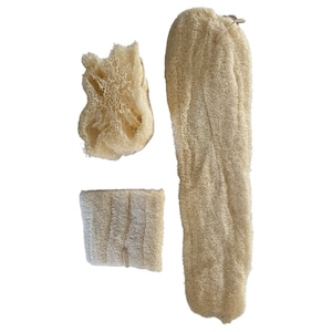 May include: Three natural loofah sponges, two are round and one is long and narrow. The sponges are beige and have a rough texture.