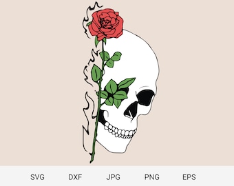 Skull with rose on fire print for halloween