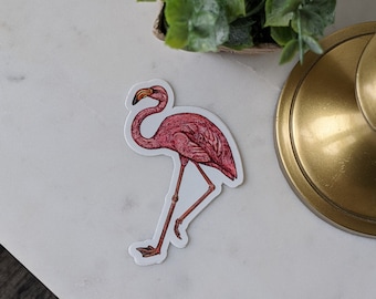 May include: Pink flamingo sticker with a white background. The flamingo is walking with its head turned to the side.