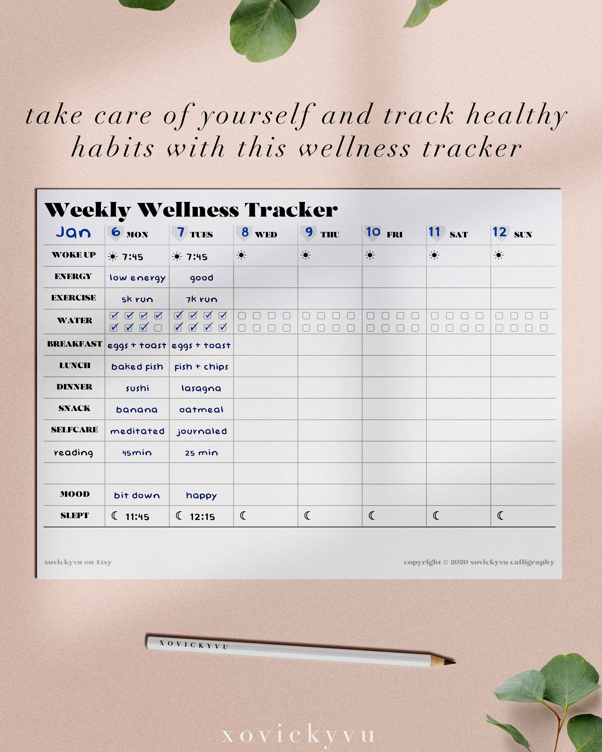 Weekly Wellness Printable Tracker Health Tracker Fitness Etsy