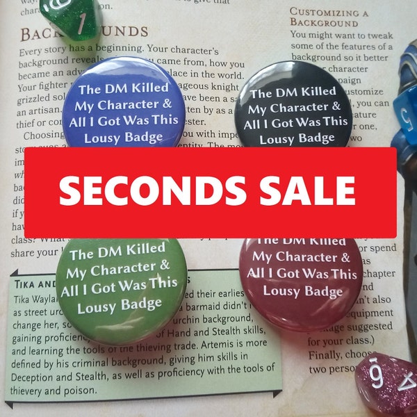 SECONDS SALE - 38mm Button Badges, Dungeons and Dragons, DnD, RPG Gift, Dungeon Master, Unique, Defective Sale, Slight Second, Flawed