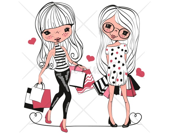 Shopping Girls Png Cartoon Printable Fashion Illustration Etsy
