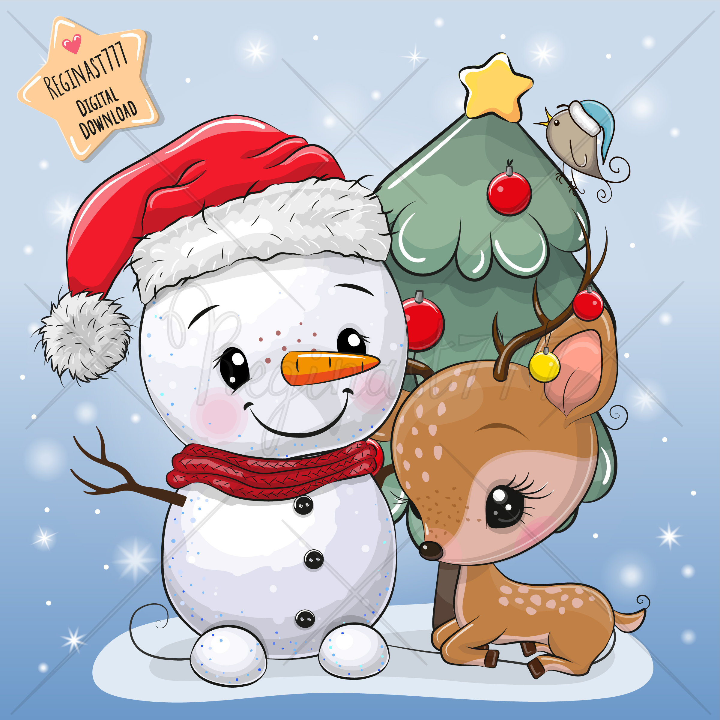 Снеговик и олень. Снеговик возле елки. snowman with christmas tree and deer.