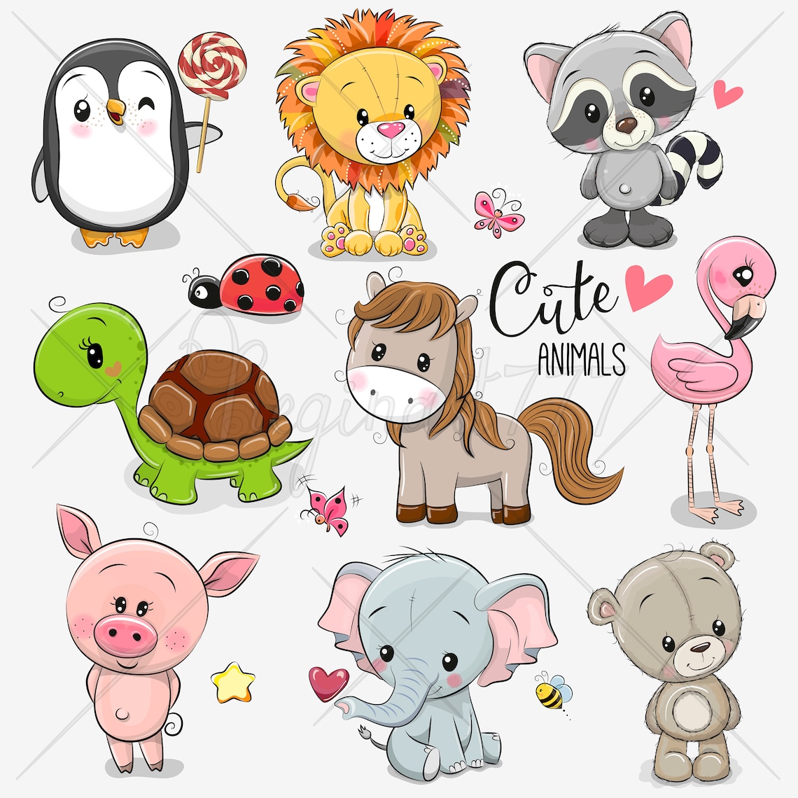 Süße Tiere ClipArt Set von 10 handgezeichnet 300 PNG-Dateien | Etsy